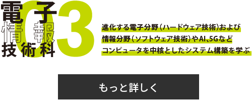 電子情報技術科 進化する電子分野（ハードウェア技術）および情報分野（ソフトウェア技術）やAI、5Gなどコンピュータを中核としたシステム構築を学ぶ